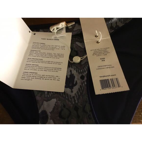TORY BURCH SWIM GRAY NAVY LAGUNA IKAT PRINT BIKINI BOTTOMS HIPSTER Sz XS NWT - Picture 5 of 7